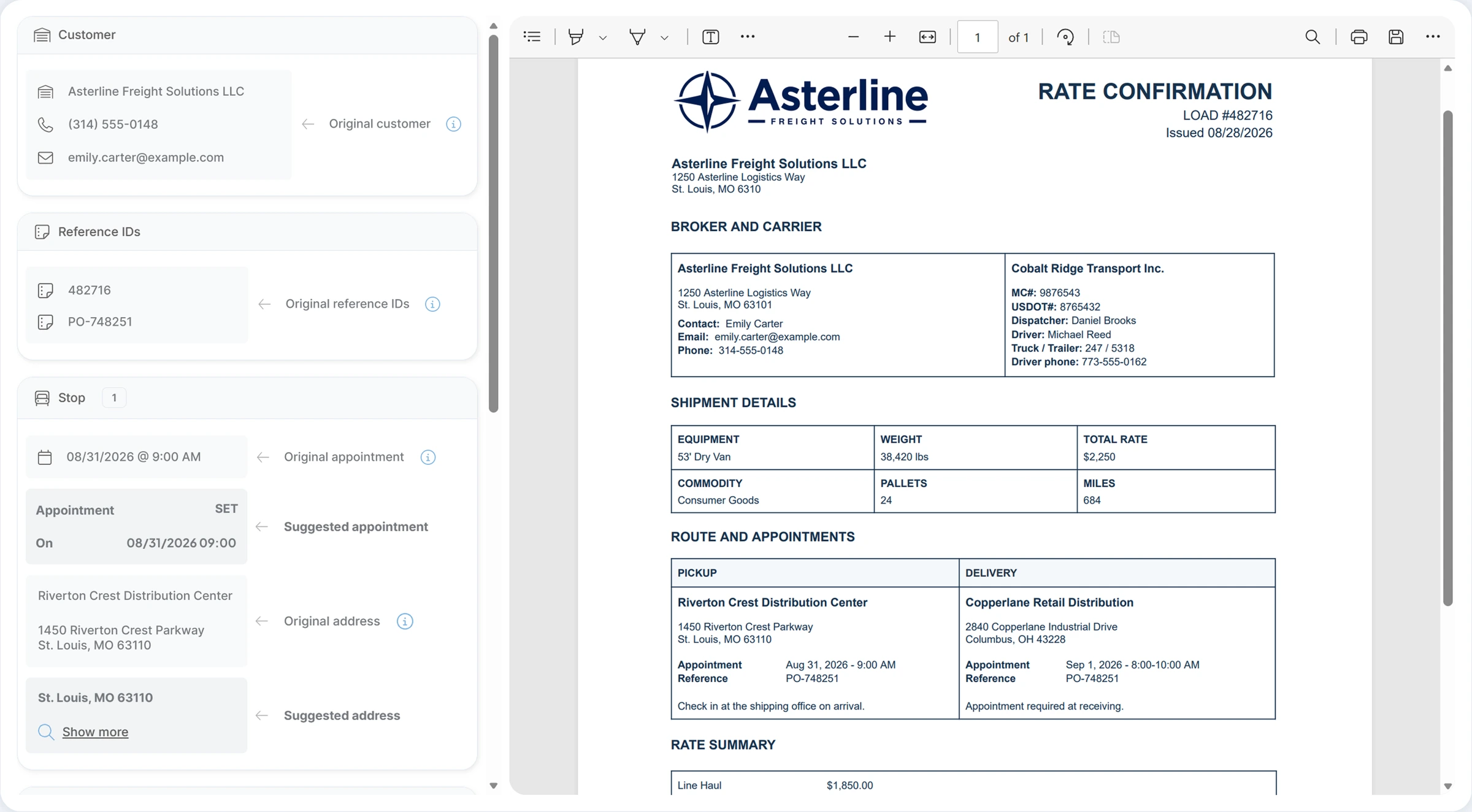 Ditat TMS rate confirmation review screen: extracted customer, reference IDs and stop details shown beside the uploaded rate confirmation.