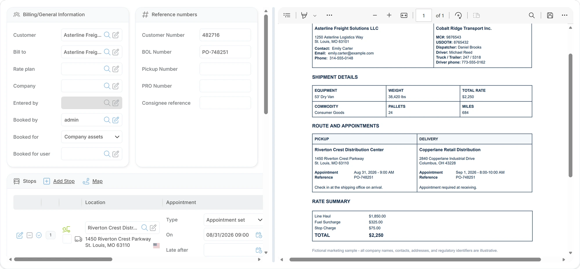 Ditat TMS shipment screen prepopulated from a scanned rate confirmation, with the source document open beside it.