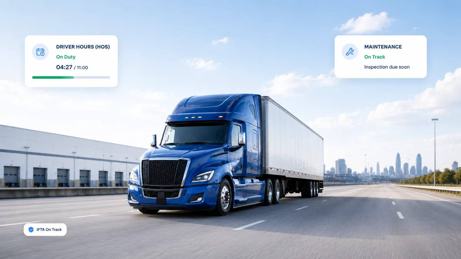 Compliance overview tracking driver hours of service, maintenance status, and IFTA