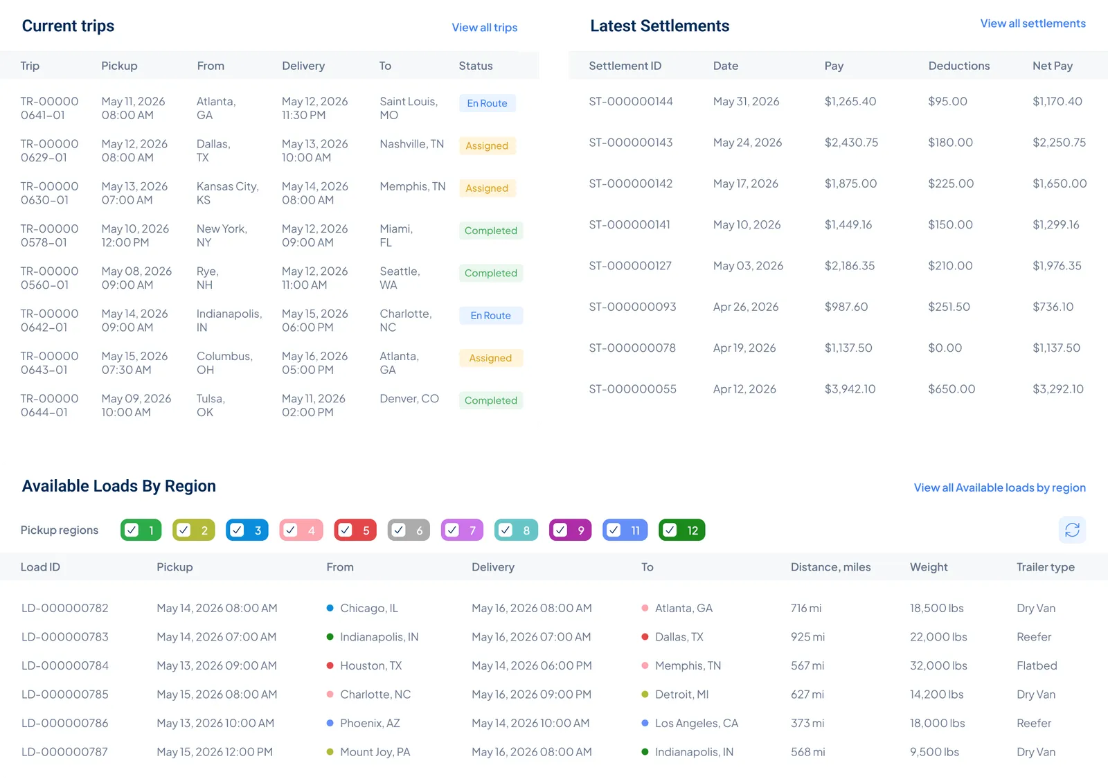 Driver portal showing trips, settlements, deductions, and documents