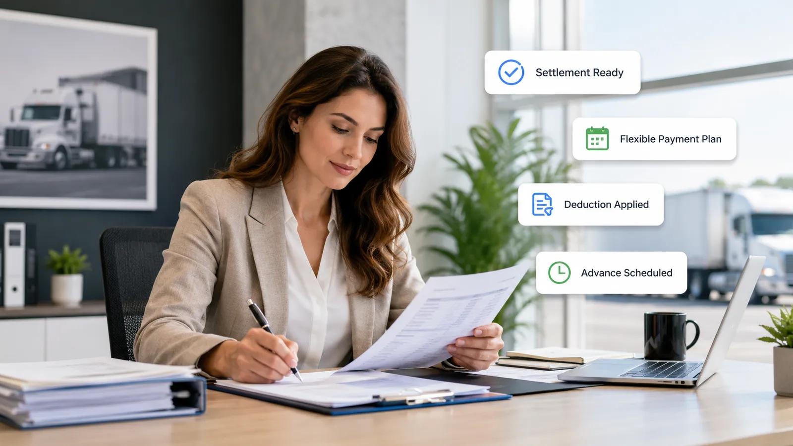 Driver and carrier settlements with custom payment plans, deductions, and advances